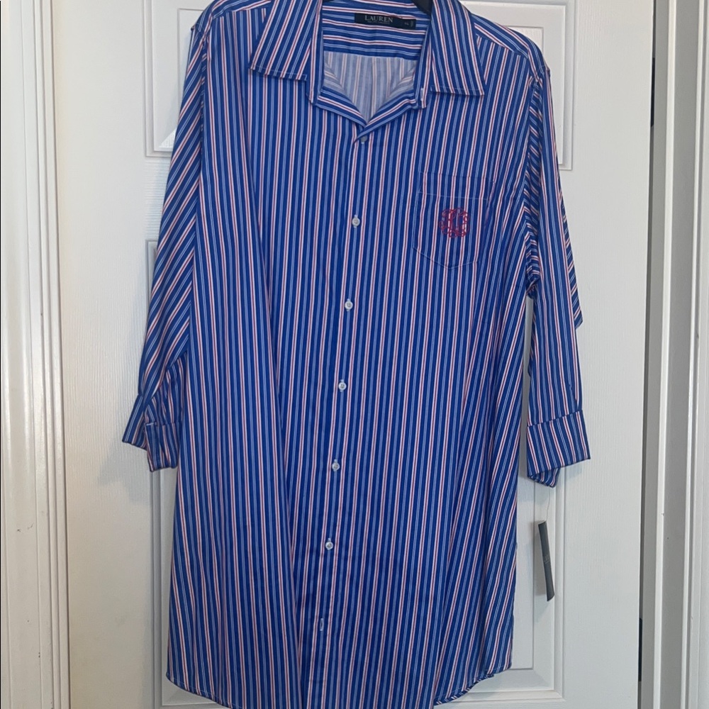 Ralph Lauren Women's Blue and White Striped Pajama Shirt